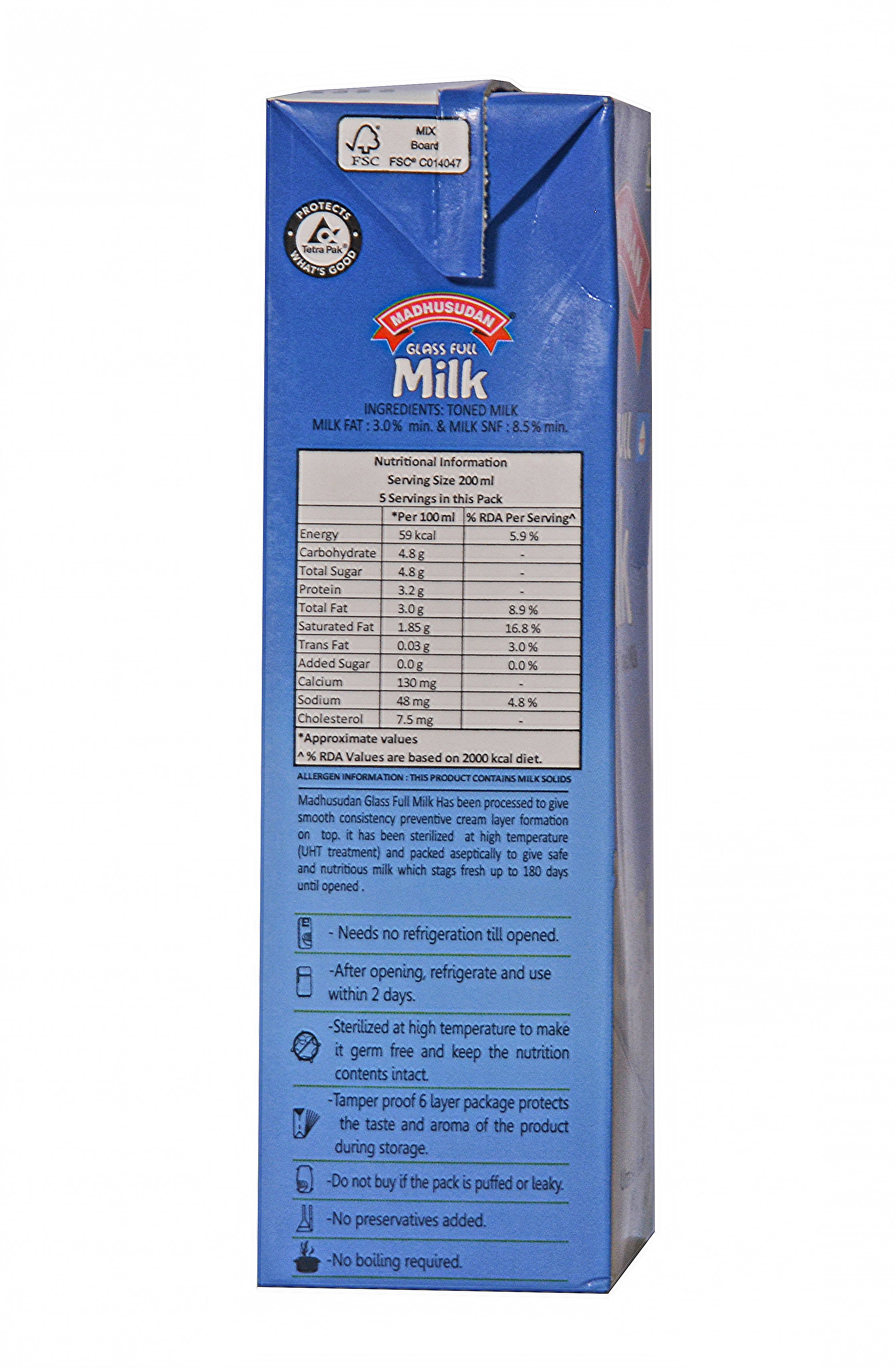 Madhusudan UHT Glass  Full  Milk 1 ltr Tetra Pack