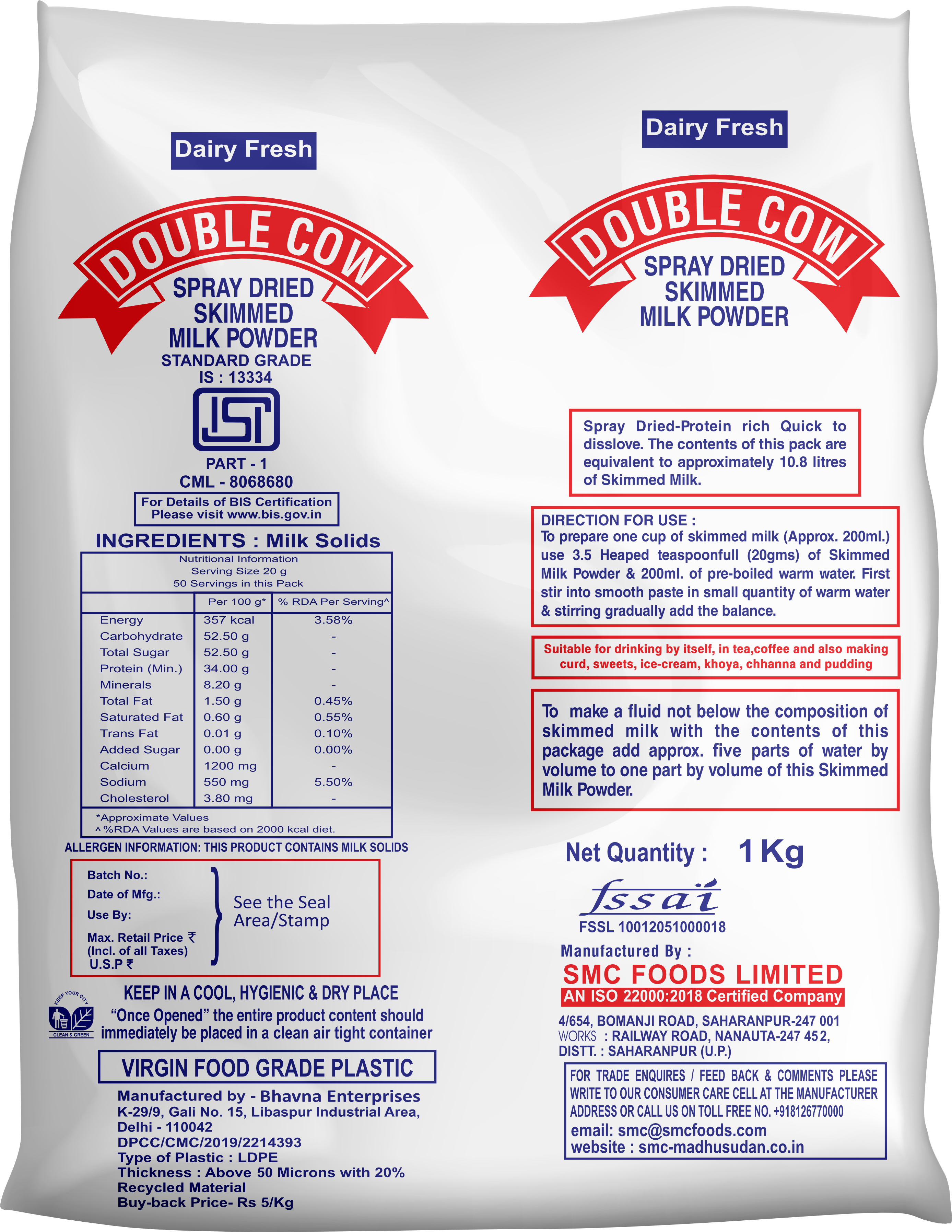 Madhusudan Skimmed Milk Powder Double Cow 1 Kg Pack