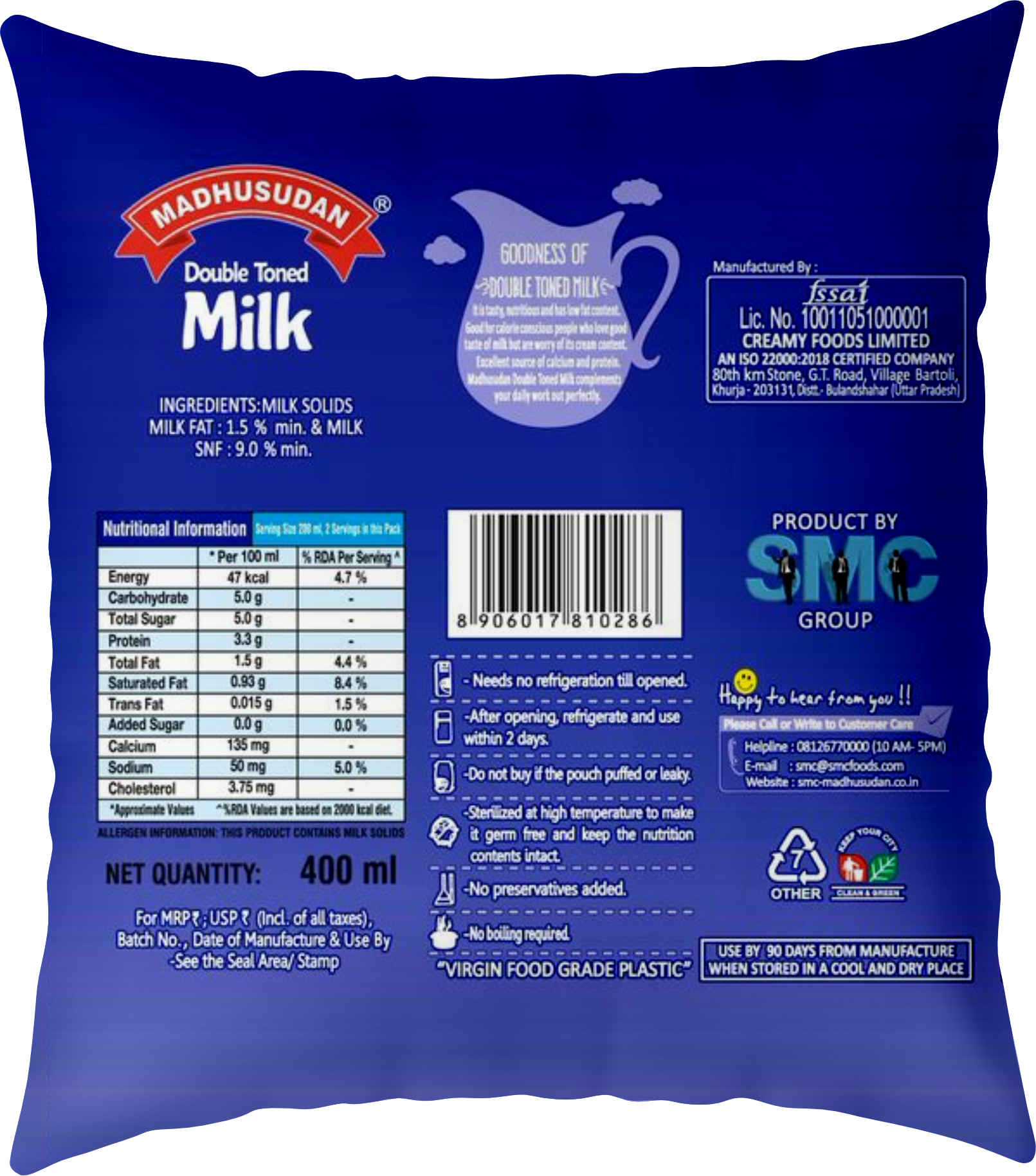 Madhusudan UHT Double Toned Milk 400 ml Poly Pack