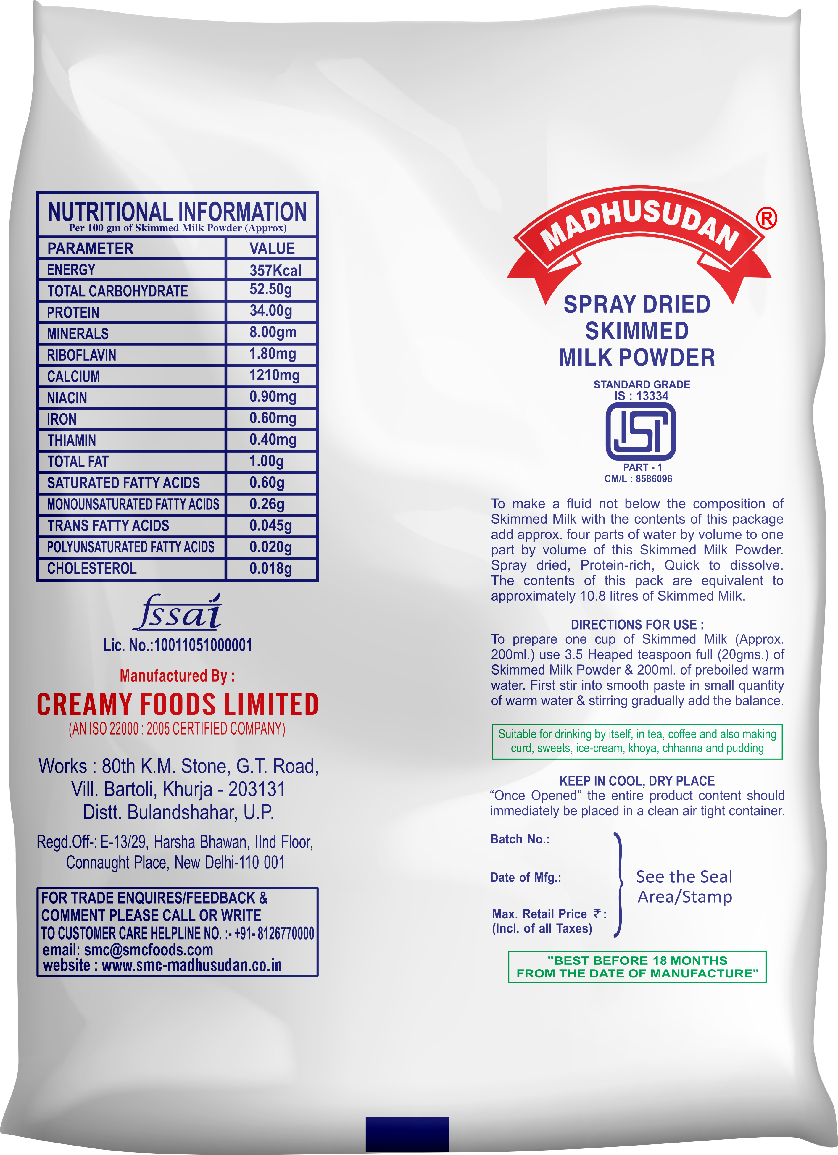 Madhusudan Skimmed Milk Powder 1 kg Pack